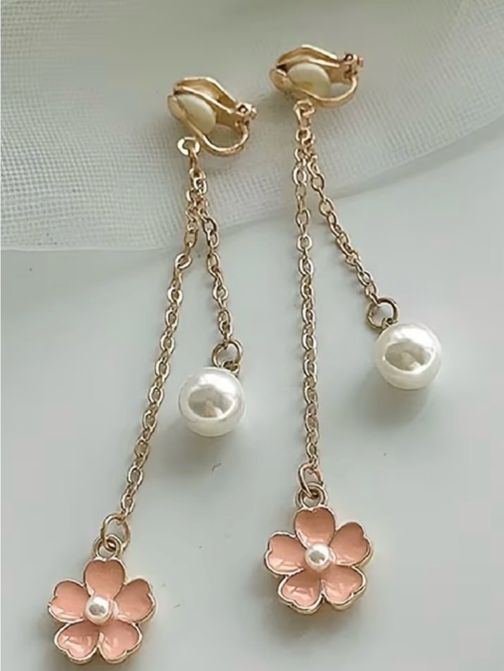Delicate Pink Flower Pearl Drop Earrings - Women Jewelry